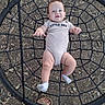 baby, child, infant, smiling, outdoor, swing, rope_swing, hammock, little_bro, onesie, striped_clothing, socks, bare_feet, happy, portrait, lying_down, playground, play_equipment, leafy_ground, adult_foot