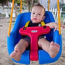 Lucas is registered to the contest to win money with this photo: baby, child, swing, playground, outdoor, sitting, infant, face, eyes, hands, feet, safety_harness, blue_seat, red_bar, yellow_rope, backyard, trees, house, motion_blur, portrait