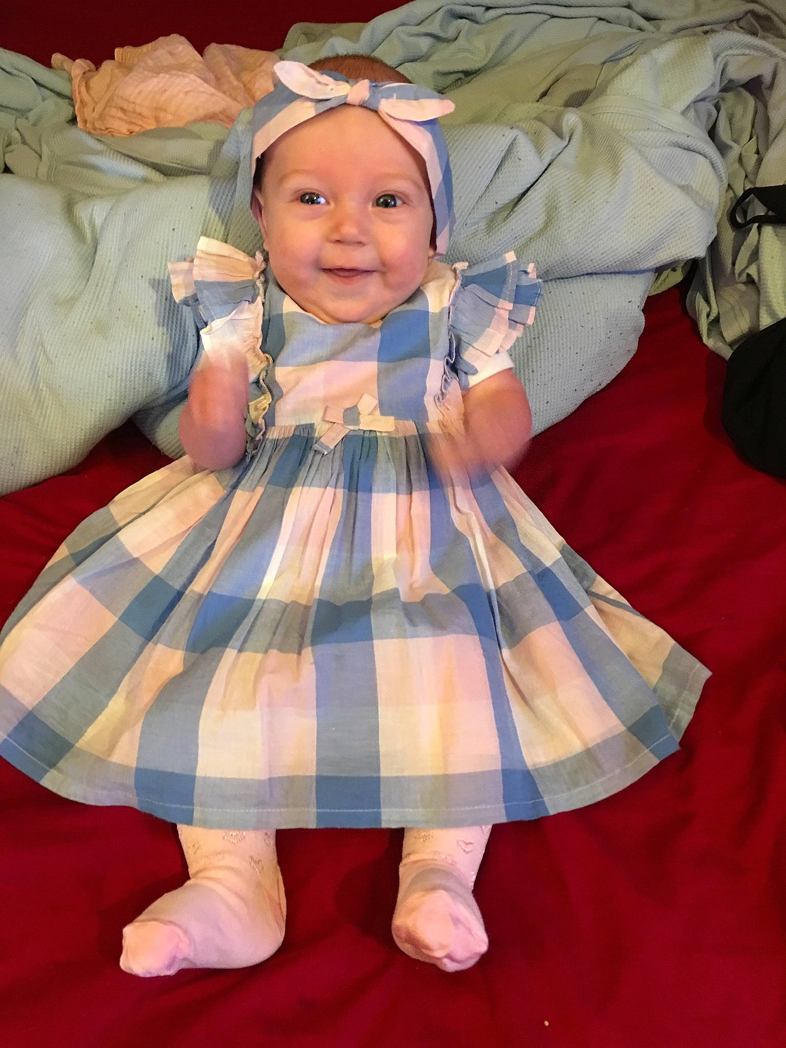 Layla-rose joined the competition — help win amazing prizes! baby, child, costume, dress, pattern, peach, person, product, smile, toddler