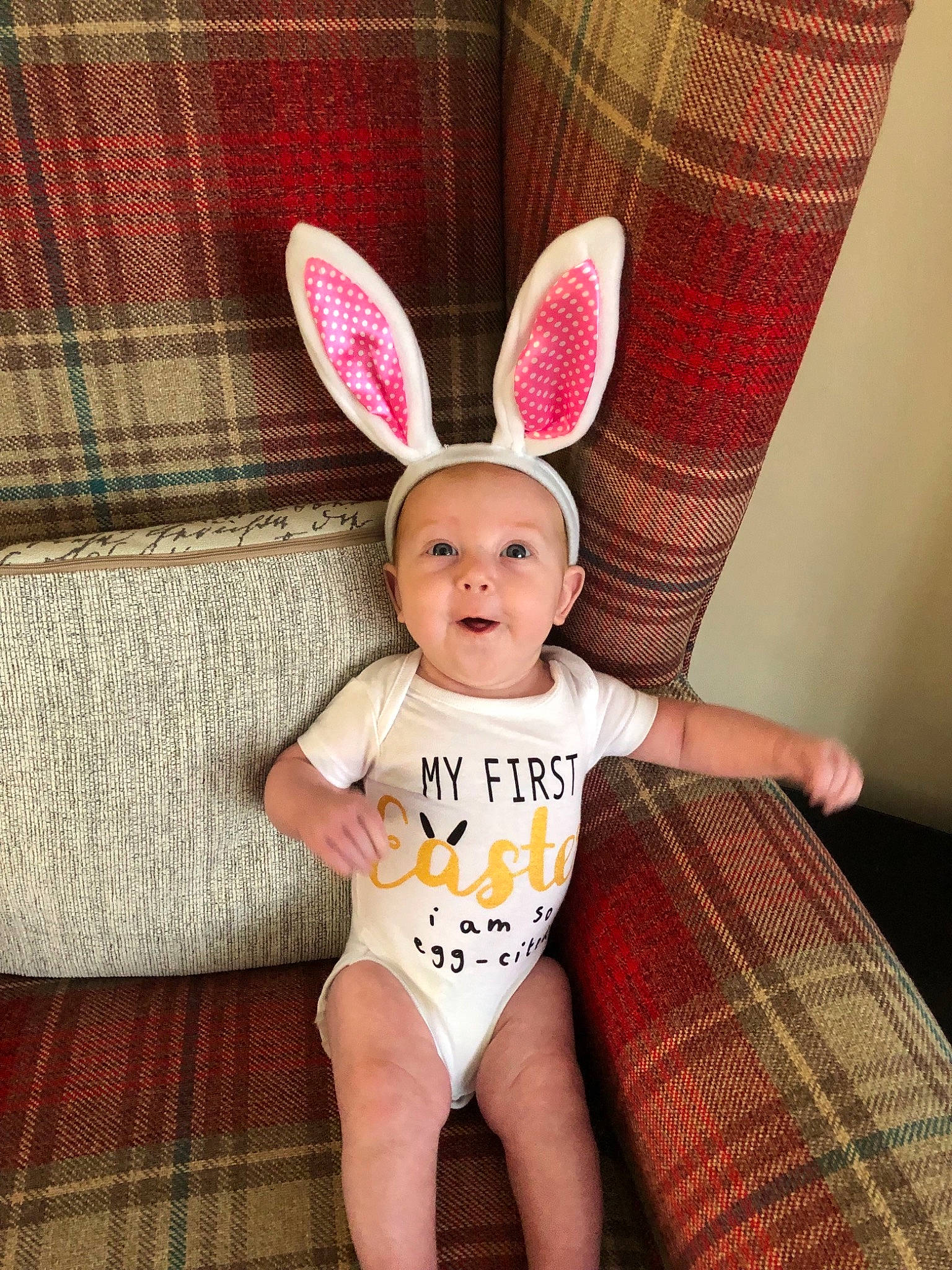 Layla-rose joined the competition — help win amazing prizes! child, design, ear, easter_bunny, eye, face, head, holiday, leg, organ, pattern, person, pink, plaid, rabbit, rabbits_and_hares, skin, smile, textile, toddler