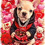 Toby joined the competition — help win amazing prizes! puppy, dog, chihuahua, valentine_theme, hearts, balloons, chocolates, roses, teddy_bear, gift_box, love_card, necklace, hoodie, cute, portrait, illustration, pink_background, heart_shaped, candies, romantic