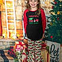 child, girl, smiling, christmas, holiday, pajamas, ribbons, decorations, tree, gifts, lights, festive, background, floor, indoor, posing, long_hair, bow, red, black