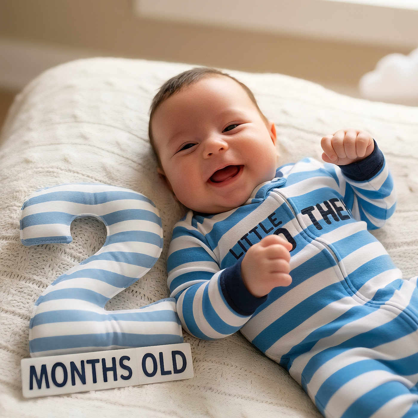 Rylee joined the competition — help win amazing prizes! baby, blanket, celebration, child, cozy, cute, happy, indoors, infant, lying_down, milestone, months_old_sign, newborn, number_two, plush_number, portrait, smiling, soft_toys, striped_clothing, window_light