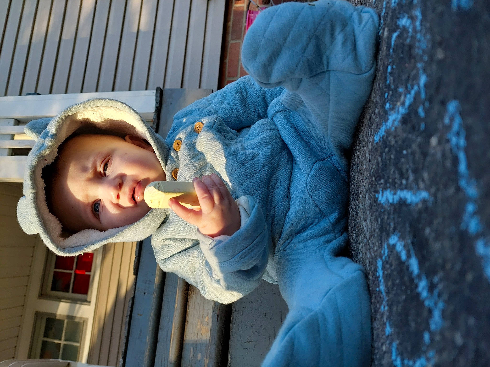 Franky joined the competition — help win amazing prizes! baby, baby_products, blue, cap, child, comfort, electric_blue, eyewear, finger, fun, gesture, happy, hat, headwear, mouth, person, sitting, thumb, toddler, tree