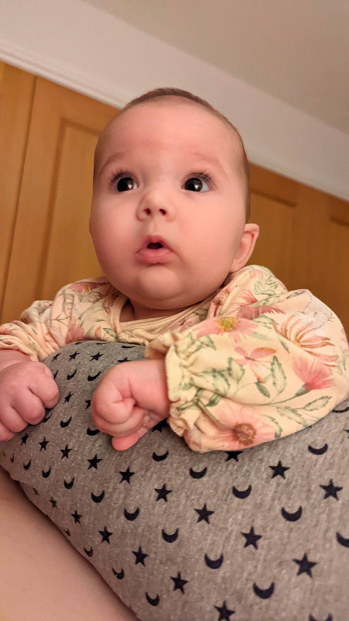 Georgie joined the competition — help win amazing prizes! baby, baby_toddler_clothing, cheek, child, chin, collar, comfort, eye, head, iris, linens, lip, neck, nose, pattern, person, pink, skin, sleeve, surprise