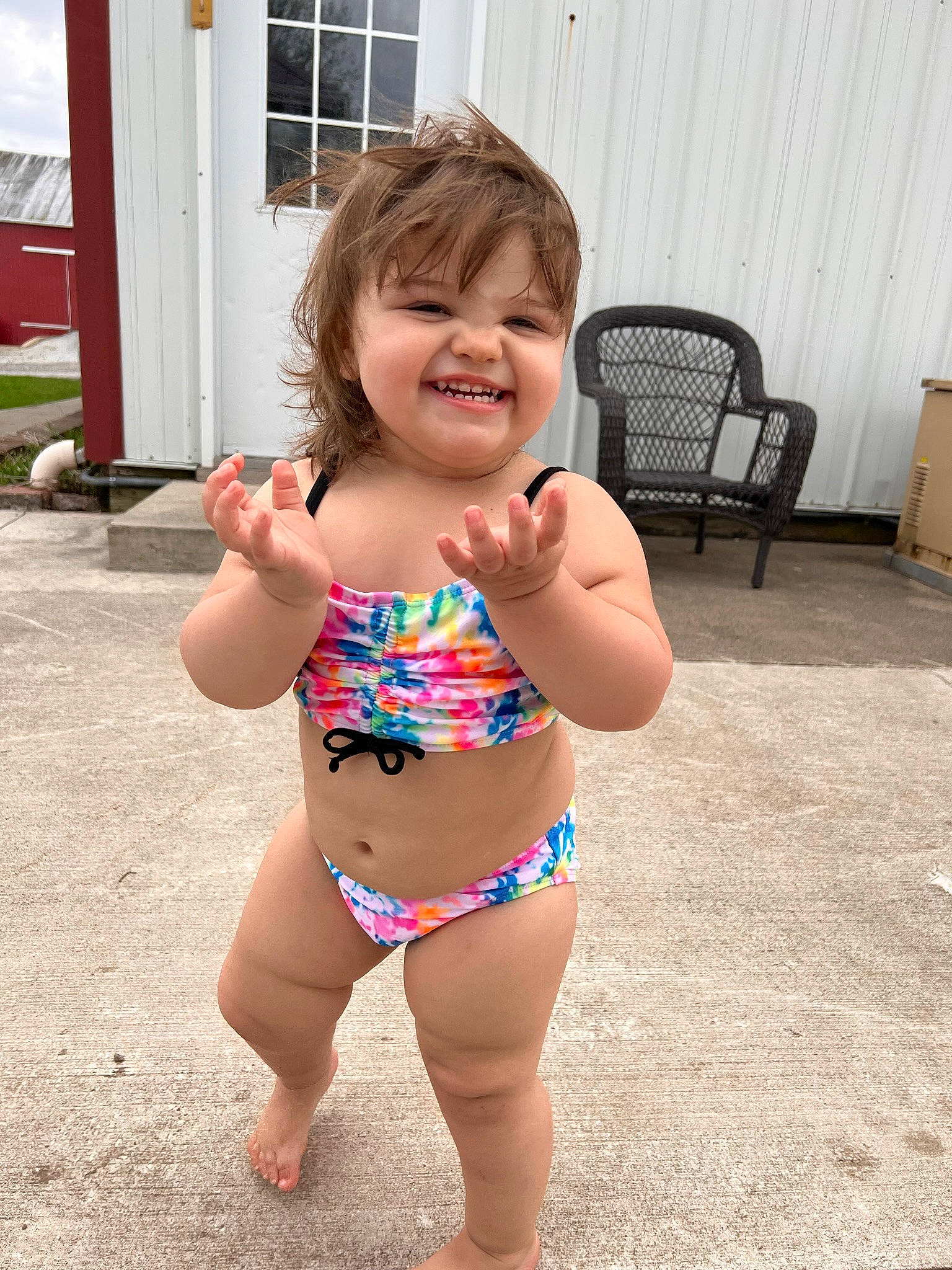 Isabella Rose is registered to the contest to win money with this photo: blond, brassiere, chair, chest, child, fun, human_leg, joy, leisure, navel, person, smile, swimsuit_top, swimwear, thigh, toddler, trunk, undergarment, underpants, waist