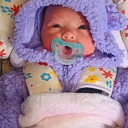 Sheryl is registered to the contest to win money with this photo: baby, infant, pacifier, hood, purple_fabric, fleece, blanket, floral_pattern, car_seat, cozy, newborn, close_up, portrait, eyes, cheeks, swaddle, cute, sitting, padded_headrest, pastel_colors