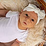 baby, infant, white_bodysuit, headband, bow, wicker_basket, fluffy_blanket, purple_flowers, curious_expression, closeup, indoors, soft_texture, newborn, cute, portrait, resting, child, skin, face, lying_down