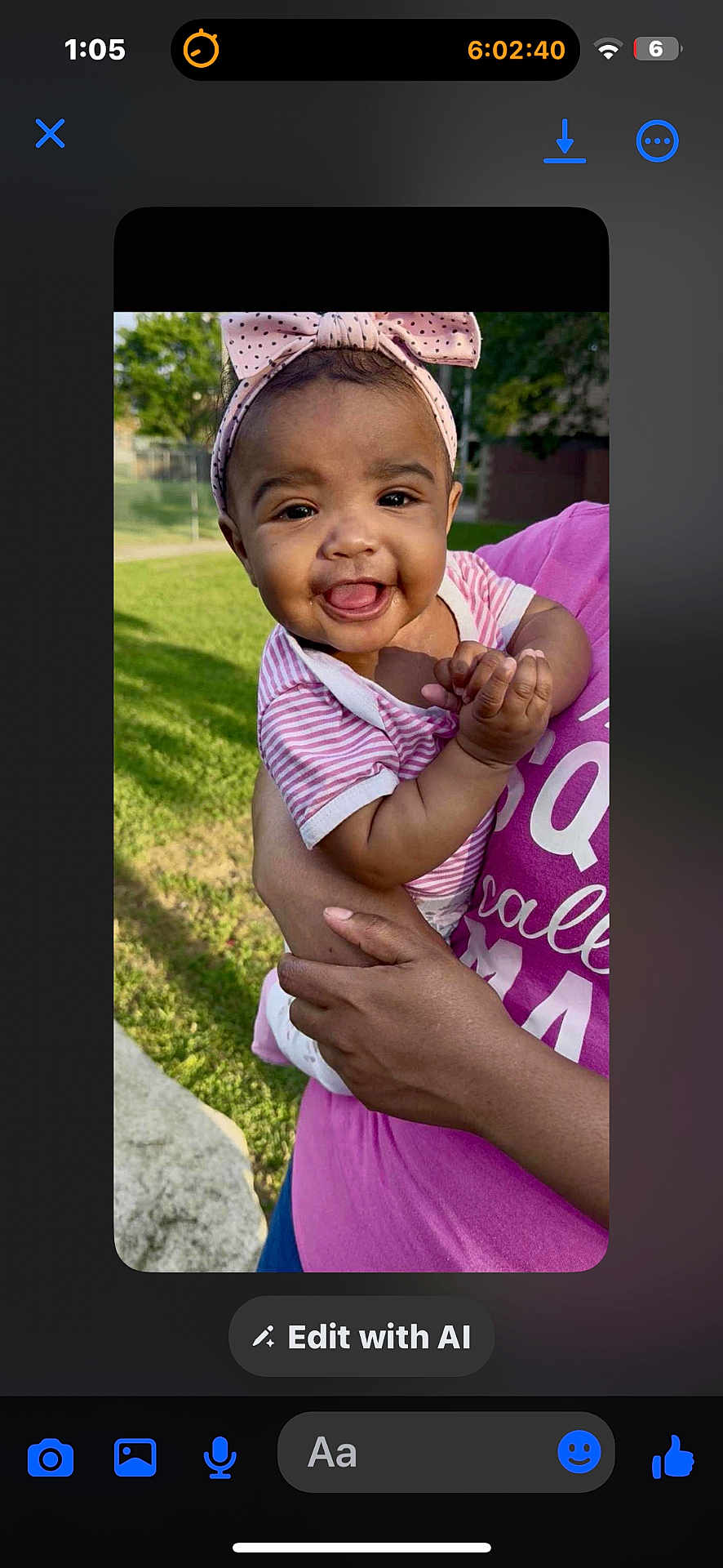 Veronica-Faith is registered to the contest to win money with this photo: baby, child, smiling, headband, pink, striped_shirt, adult_hand, outdoor, greenery, grass, person, portrait, happy, holding, closeup, cute, infant, daylight, nature, casual_clothing