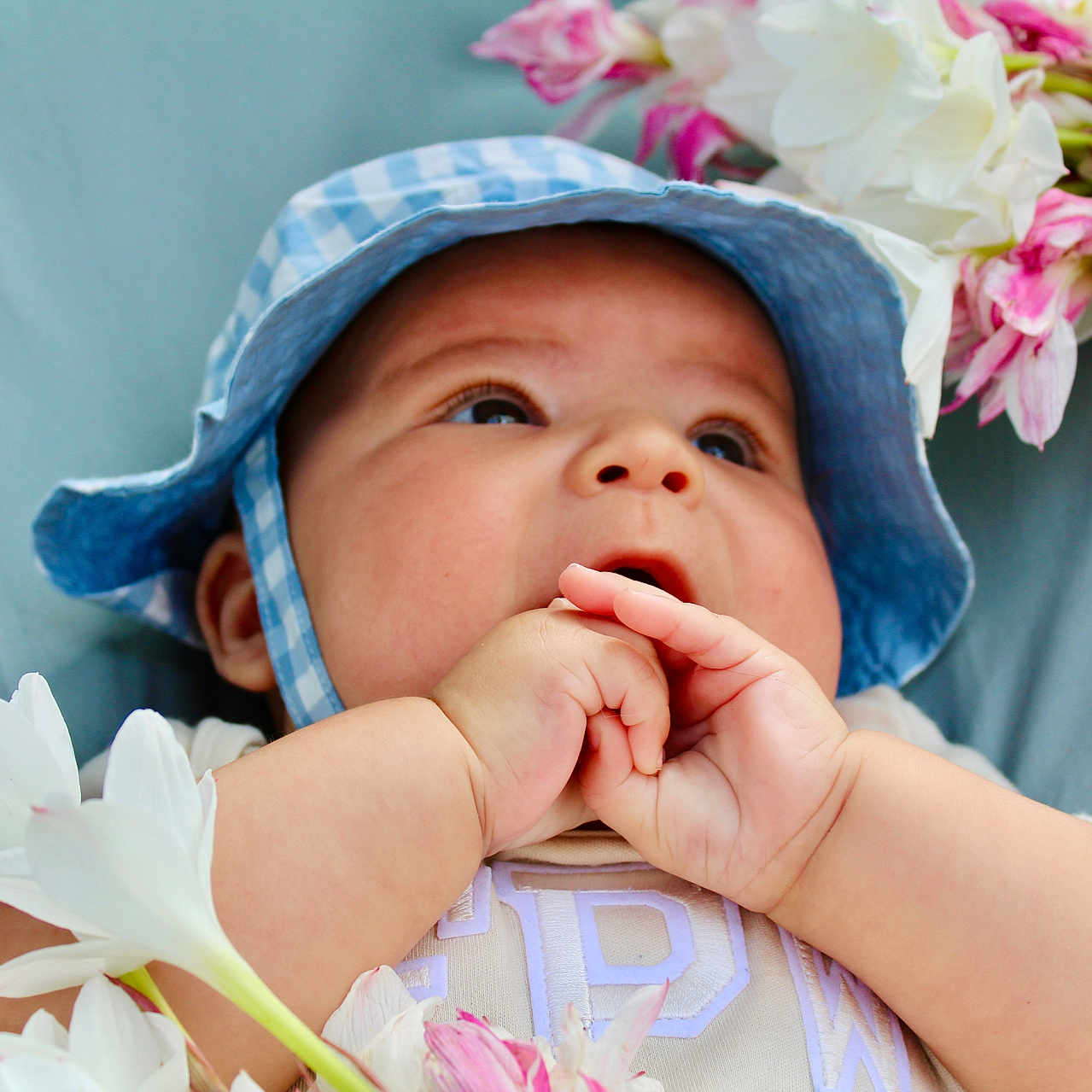 Ezkiel is registered to the contest to win money with this photo: baby, bodypart, bonnet, clothing, face, finger, flower, flowerarrangement, flowerbouquet, hand, hat, head, newborn, person, petal, photography, plant, portrait, rose, sunhat