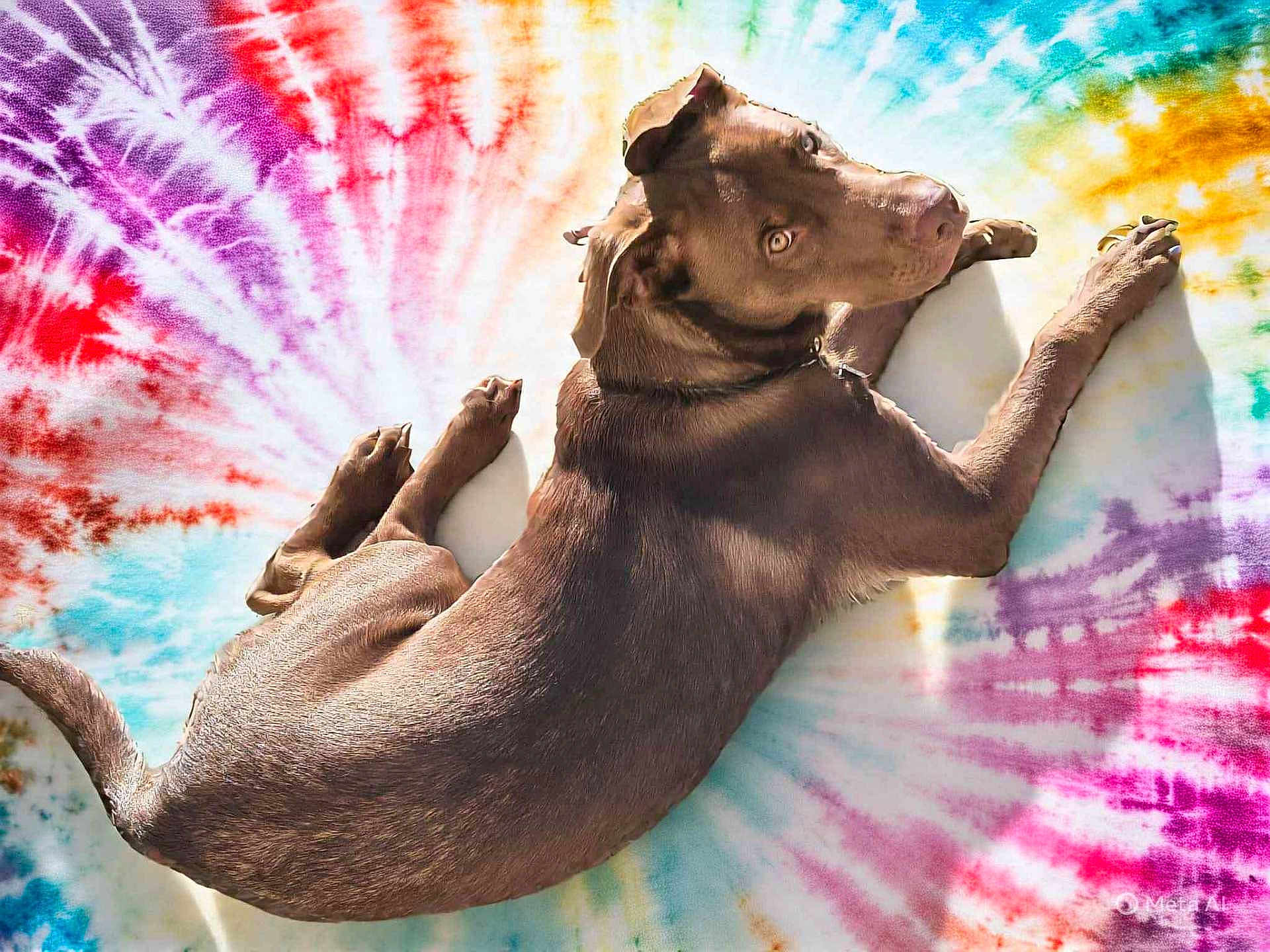 Bearentino. is registered to the contest to win money with this photo: dog, brown_dog, tie_dye, colorful, blanket, pet, animal, fur, laying_down, looking_back, curious, indoor, bright, pattern, soft_texture, relaxed, companion, cute, domestic_animal, canine