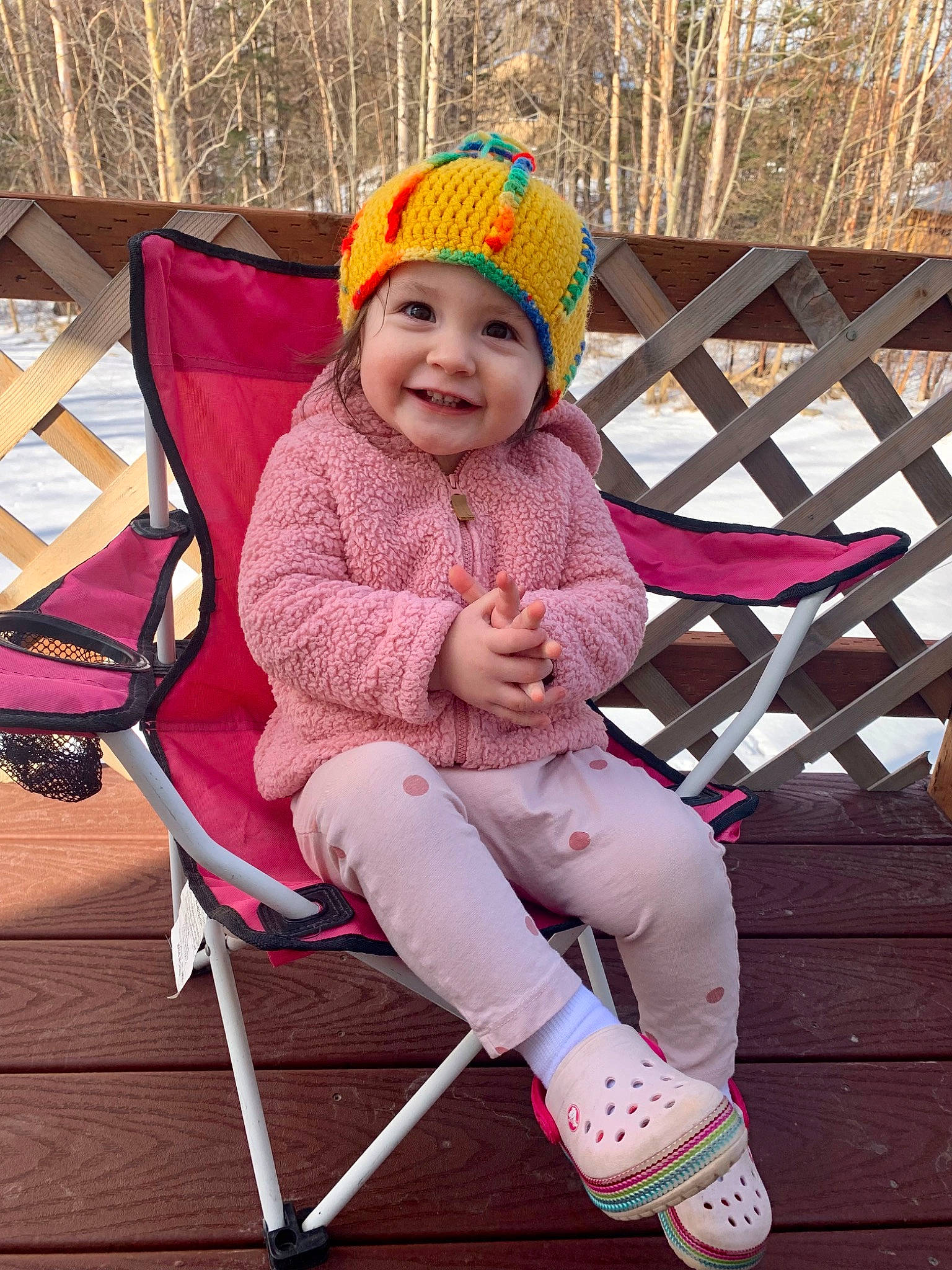 Emmerson joined the competition — help win amazing prizes! baby, baby_products, baby_toddler_clothing, cap, chair, child, comfort, furniture, happy, headwear, joy, lap, leisure, magenta, outdoor_furniture, person, pink, shoe, smile, toddler