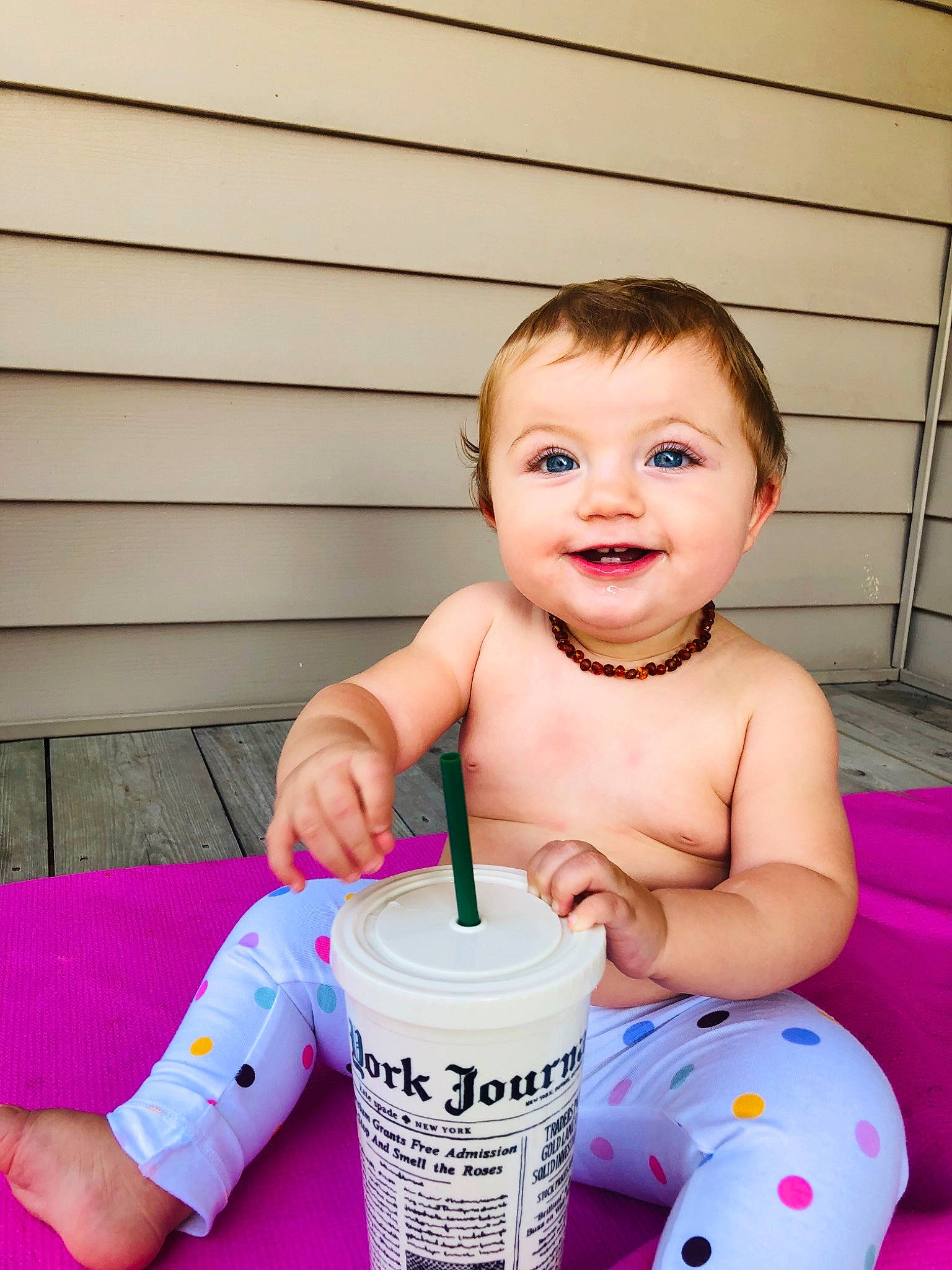 Luahna joined the competition — help win amazing prizes! baby, child, cup, drink, person, play, smile, toddler, vacation