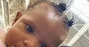 Loyalty is registered to the contest to win money with this photo: baby, child, curly_hair, face, portrait, indoor, person, cute, expression, shoulder, clothing, pink, black, hair_buns, head, looking, closeup, young, infant, toddler