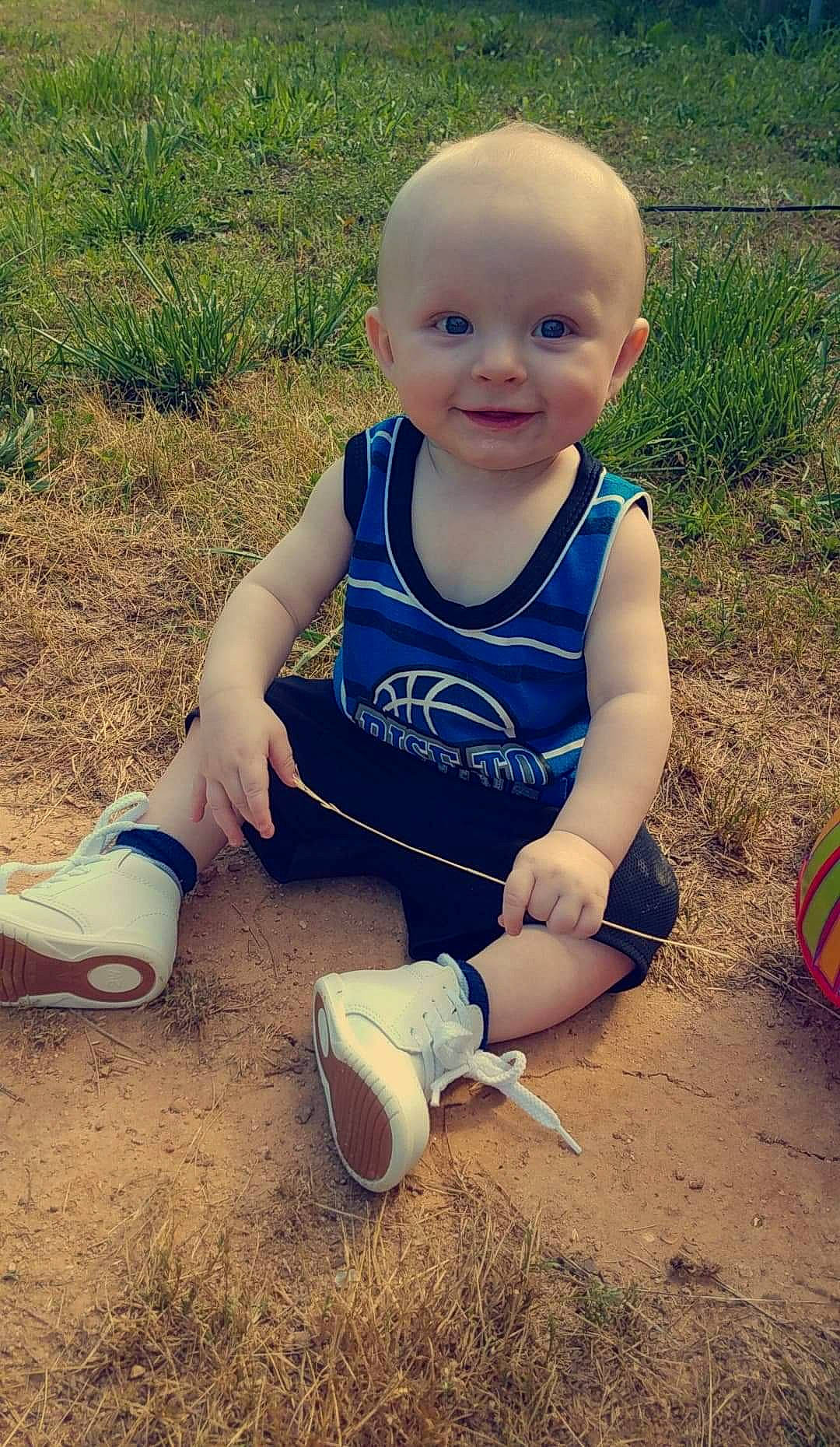 Kyzer joined the competition — help win amazing prizes! child, footwear, grass, joy, leg, person, play, sand, shoe, sitting, smile, soil, summer, toddler