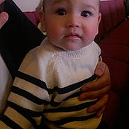 Zyro Duran is registered to the contest to win money with this photo: baby, bodypart, clothing, couch, cushion, face, finger, frown, furniture, hand, head, homedecor, knitwear, newborn, person, photography, portrait, sad, sitting, sweater