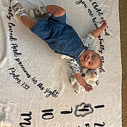 Wyatt is registered to the contest to win money with this photo: baby, child, infant, denim_overalls, stuffed_animal, toy, milestone_blanket, numbers, text, floor, carpet, smiling, cute, lying_down, happy, clothing, footwear, sock, indoor, portrait