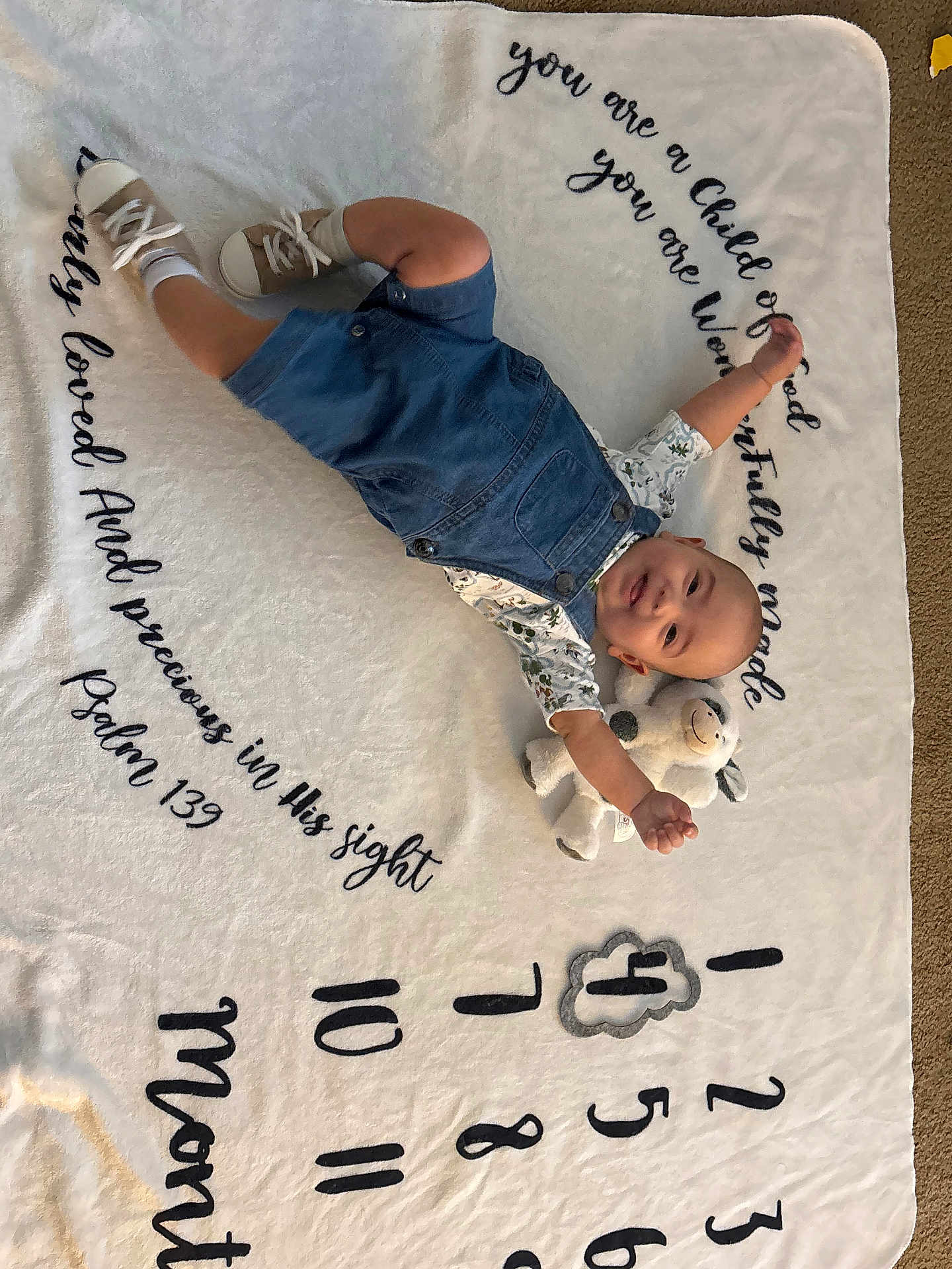 Wyatt is registered to the contest to win money with this photo: baby, child, infant, denim_overalls, stuffed_animal, toy, milestone_blanket, numbers, text, floor, carpet, smiling, cute, lying_down, happy, clothing, footwear, sock, indoor, portrait