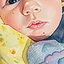 baby, watercolor, painting, portrait, close_up, blue_eyes, lips, blanket, pattern, fabric, infant, face, cheeks, nose, eyelashes, soft_texture, pastel_colors, artwork, nursery, sleepy