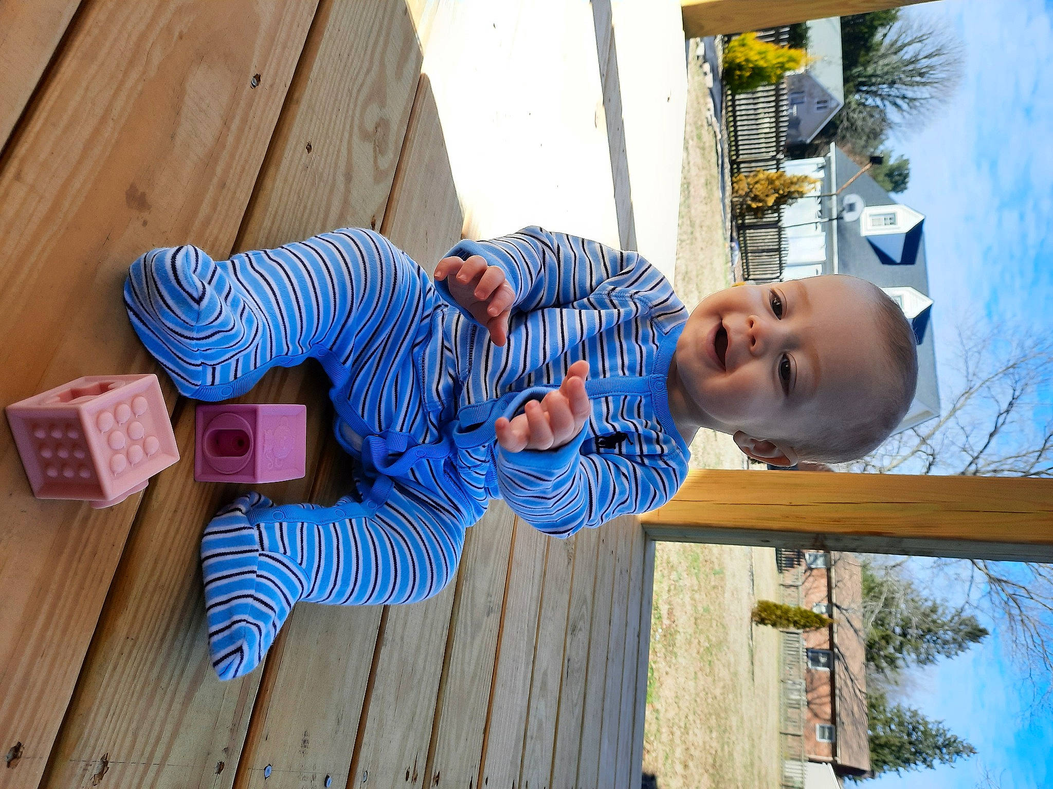 Desmond is registered to the contest to win money with this photo: azure, baby_toddler_clothing, blue, child, electric_blue, flooring, fun, happy, hardwood, hat, houseplant, leisure, line, person, plant, sky, smile, toddler, tree, wood