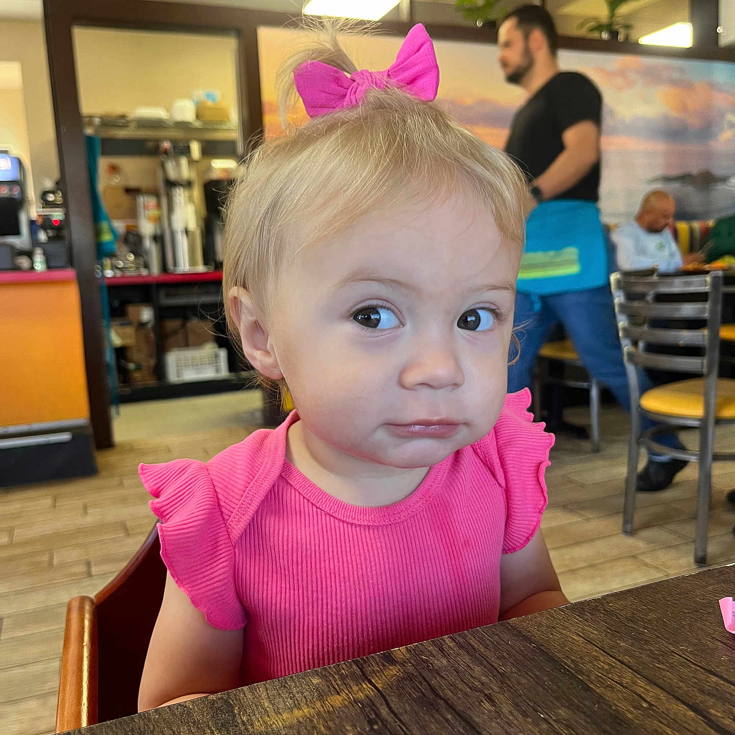 Sophia joined the competition — help win amazing prizes! architecture, baby, building, cafeteria, diningroom, diningtable, face, furniture, hardwood, head, indoors, interiordesign, person, photography, plywood, portrait, restaurant, room, table, wood