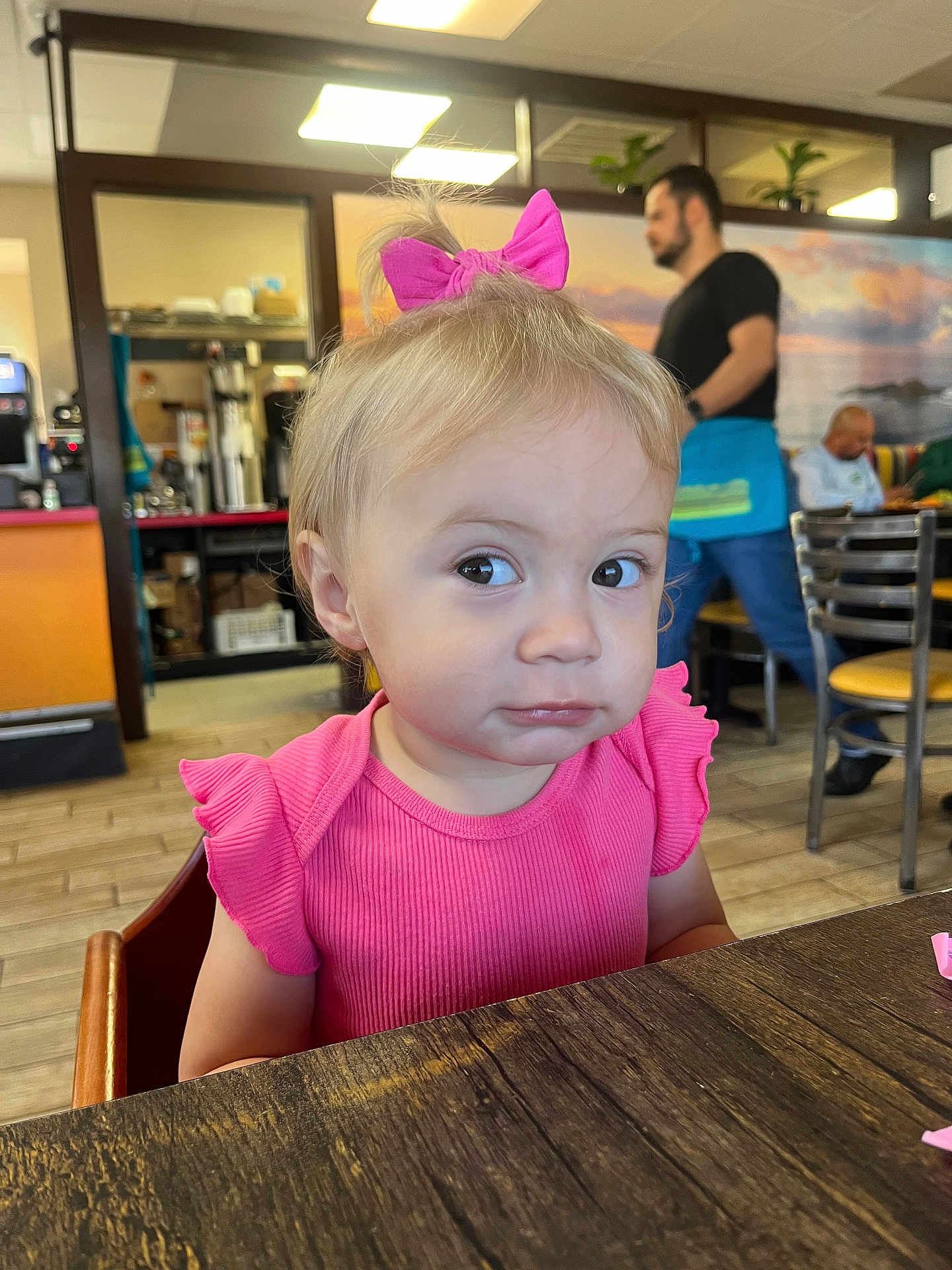 Sophia joined the competition — help win amazing prizes! architecture, baby, building, cafeteria, diningroom, diningtable, face, furniture, hardwood, head, indoors, interiordesign, person, photography, plywood, portrait, restaurant, room, table, wood