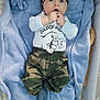 baby, baby_accessory, baby_garment, blue_blanket, camouflage_clothing, child, clothing, crib, cute, expression, face, fingers_in_mouth, hand, hat, infant, lying_down, onesie, portrait, soft_texture, wide_eyes