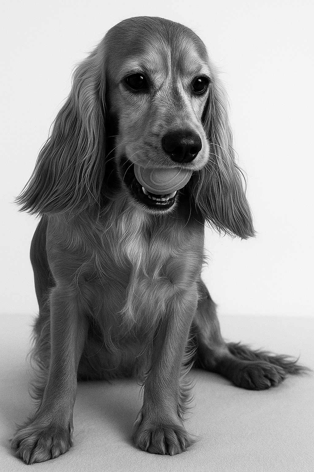 Venusia a rejoint le concours — aidez-le/la à gagner de superbes lots ! dog, ball, pet, portrait, long_ears, black_and_white, animal, cute, playful, sitting, fur, whiskers, nose, mouth, paw, studio, isolated, young_dog, indoor, expression