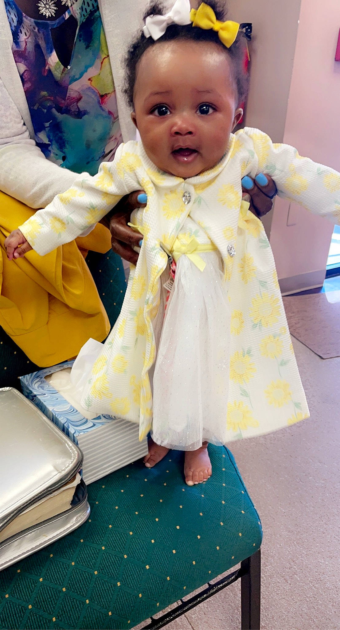 Kimora joined the competition — help win amazing prizes! baby, baby_products, baby_toddler_clothing, blue, child, dress, event, fashion_design, formal_wear, fun, happy, linens, paper_product, pattern, person, play, room, sitting, surprise, tie