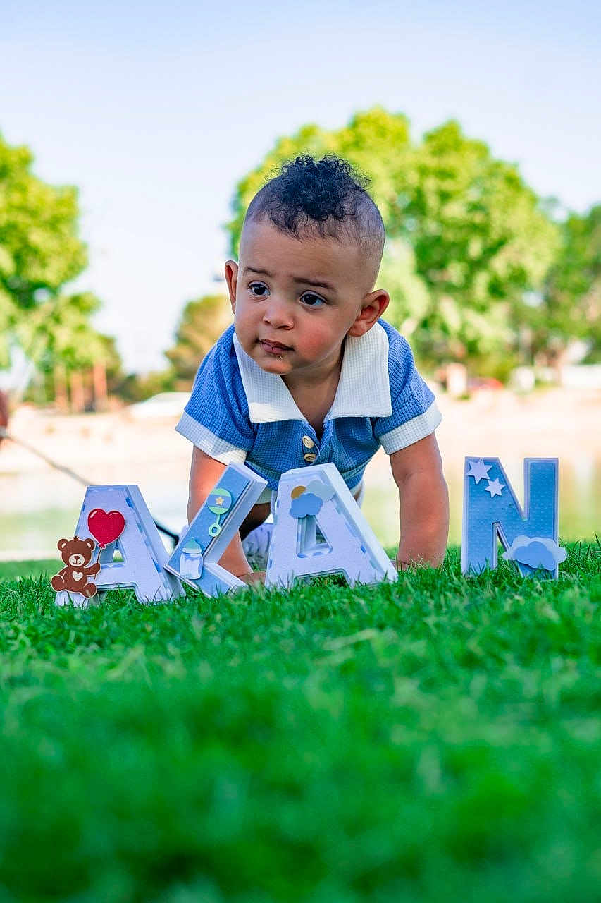 Alan is registered to the contest to win money with this photo: baby, blue_clothing, child, crawling, cute, daylight, grass, greenery, happy, letters, nature, outdoor, park, person, play, recreation, summer, toddler, toy, trees