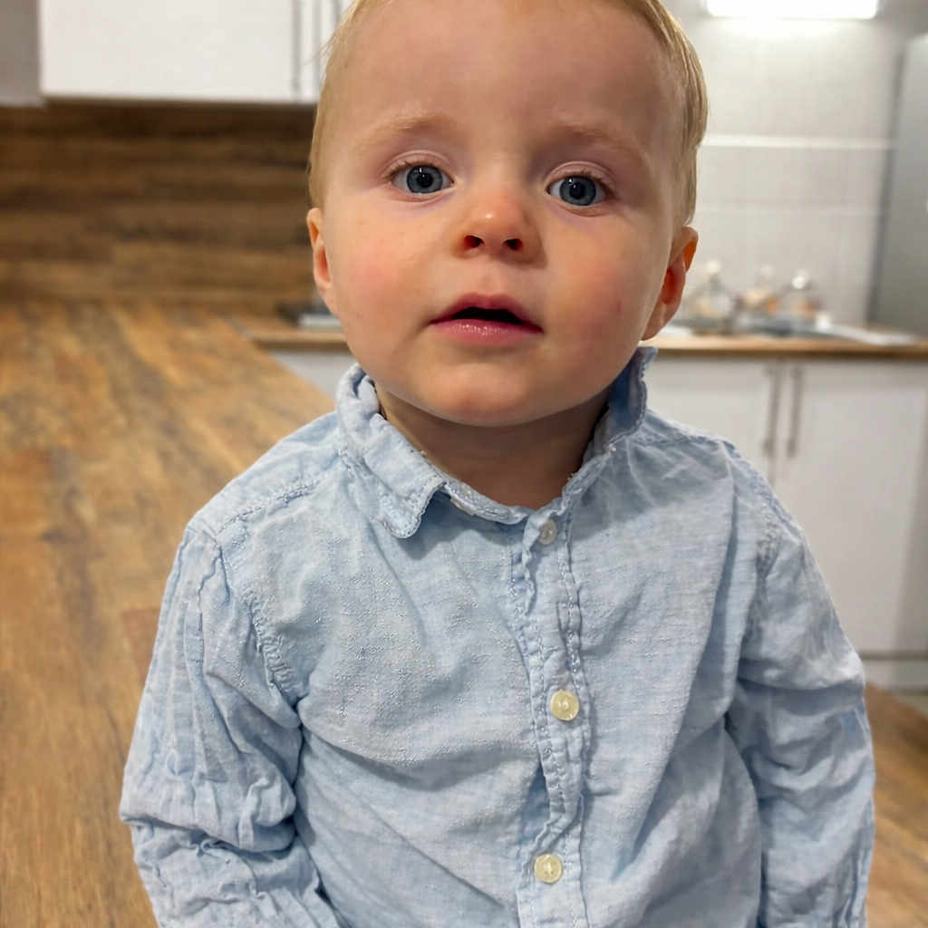 Lenny a rejoint le concours — aidez-le/la à gagner de superbes lots ! blue_eyes, boy, cabinet, casual_clothing, child, closeup, curious, cute, expression, indoor, kitchen, light_blue_shirt, modern_interior, person, portrait, small_person, standing, toddler, wooden_countertop, young_child
