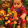 baby, child, cake, fruit_cake, watermelon, grapes, orange_slice, birthday_candle, half_birthday, celebration, red_outfit, lion_plush, greenery, party, wooden_table, cute, curious, indoors, decorations, lighting