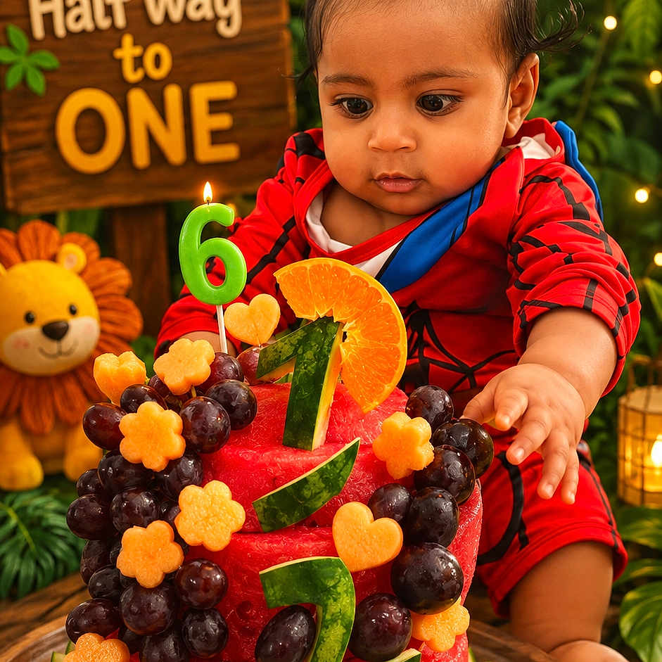 Anvith joined the competition — help win amazing prizes! baby, child, cake, fruit_cake, watermelon, grapes, orange_slice, birthday_candle, half_birthday, celebration, red_outfit, lion_plush, greenery, party, wooden_table, cute, curious, indoors, decorations, lighting