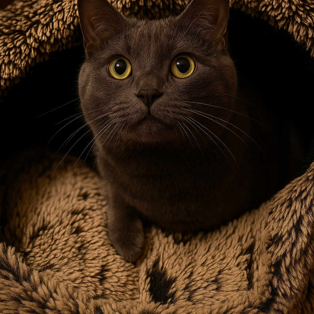 Opéra participe au concours pour gagner de l'argent avec cette photo : animal, cat, closeup, cozy, curious, cute, domestic_cat, feline, fluffy, fur, gray_cat, indoor, looking_up, pet_bed, portrait, resting, soft_texture, warm_lighting, whiskers, yellow_eyes