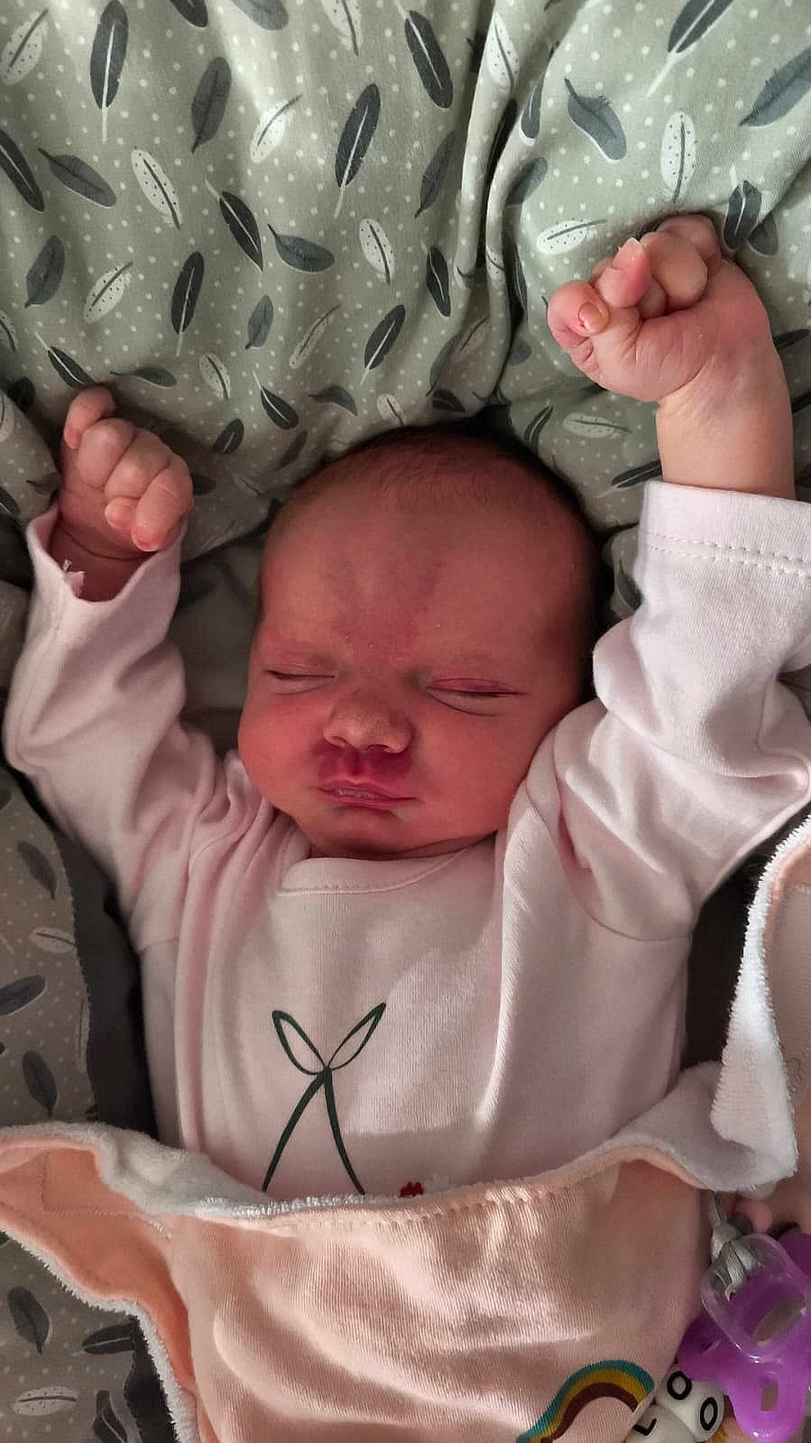 Lou participe au concours pour gagner de l'argent avec cette photo : baby, newborn, sleeping, blanket, pattern, feather, soft, infant, clothing, pink, raised_arms, peaceful, cute, face, skin, hand, fingers, indoors, rest, comfort