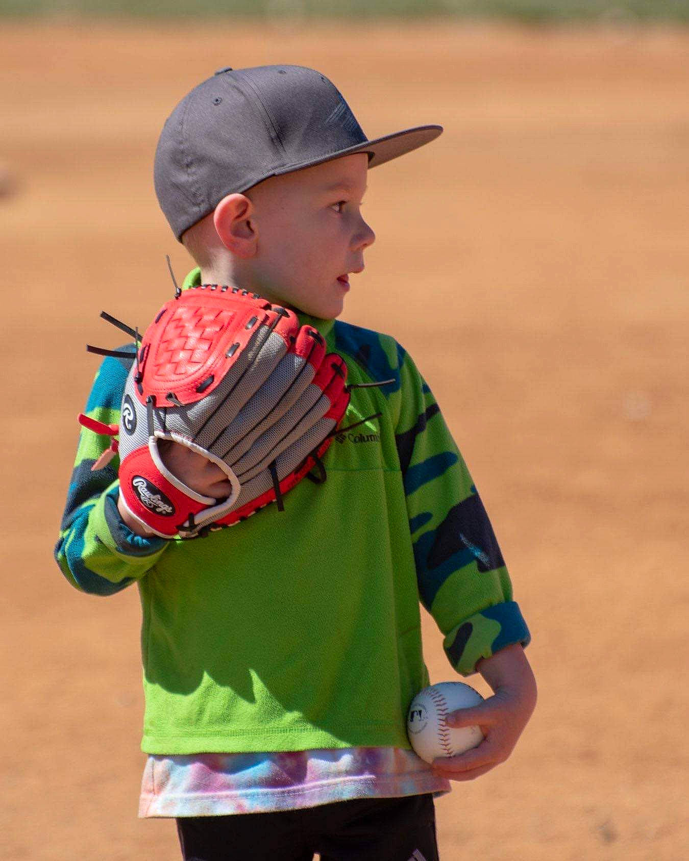 Conner is registered to the contest to win money with this photo: baseball, baseball_glove, child, headwear, person, play, softball, sport_venue, team_sport