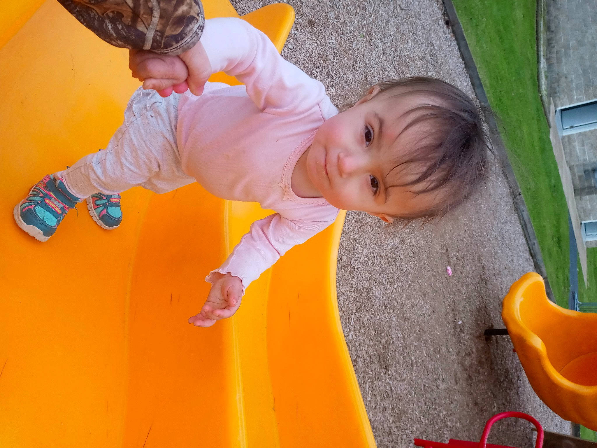 Blessence is registered to the contest to win money with this photo: baby, baby_products, baby_toddler_clothing, baby_toys, child, chute, flooring, fun, grass, green, happy, leisure, orange, person, play, recreation, sitting, toddler, tree, wood