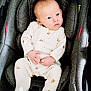 Grégory a rejoint le concours — aidez-le/la à gagner de superbes lots ! baby, infant, car_seat, pajamas, clothing, white, animal_print, child, young, person, seat, fabric, comfort, indoor, cute, face, hands, legs, footed_pajamas, expression