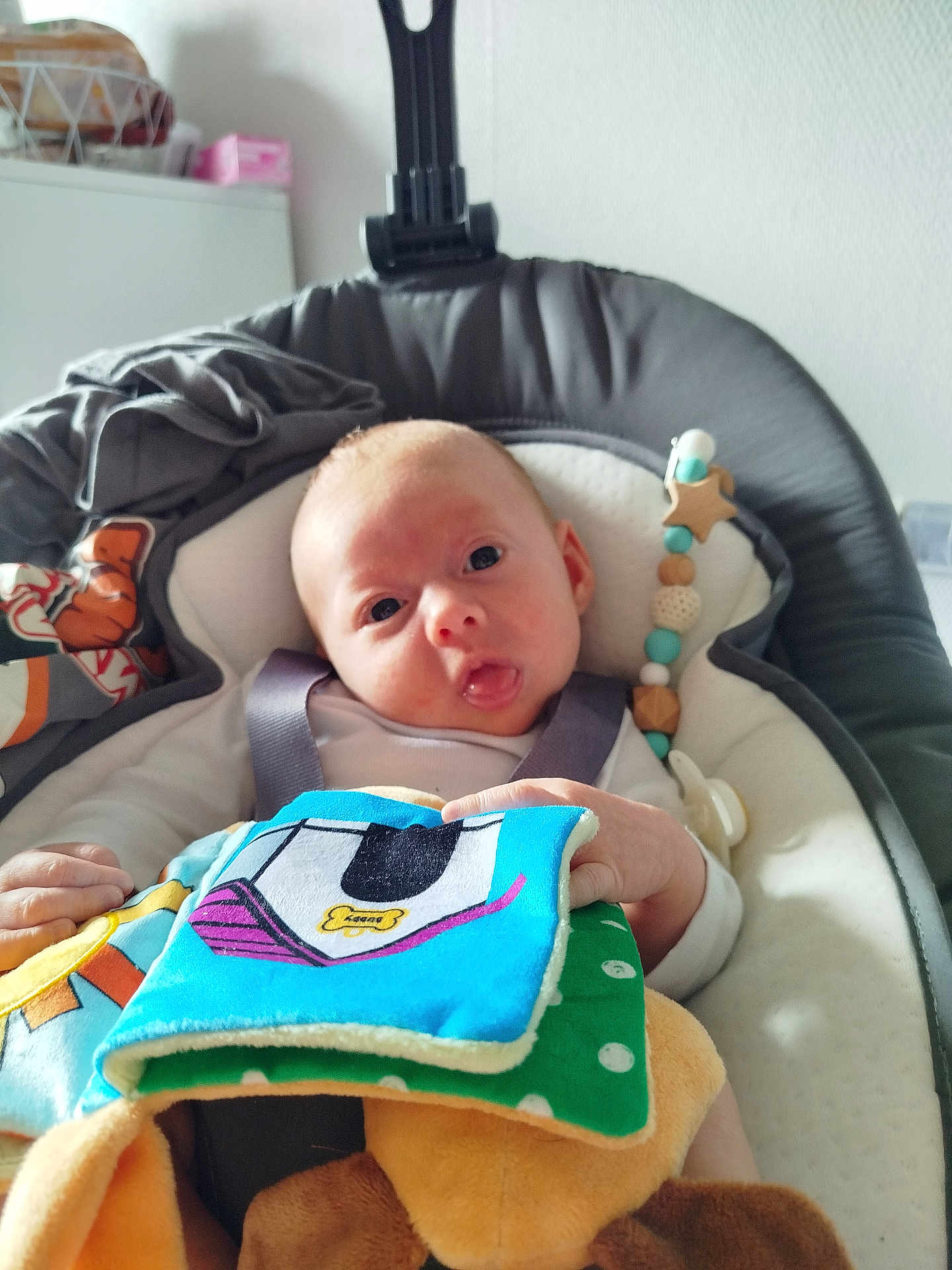 Grégory a rejoint le concours — aidez-le/la à gagner de superbes lots ! baby, infant, baby_seat, soft_book, blanket, toy, face, hand, indoor, child, cute, curious, expression, clothing, comfort, relax, seat, head, tongue, soft_toys
