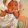 baby, sleeping, headband, bow, dress, floral, infant, cushion, rainbow, stars, cute, peaceful, newborn, child, soft, colorful, pattern, resting, indoors, adorable