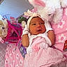 Kaylani is registered to the contest to win money with this photo: newborn, baby, pink_dress, white_gloves, headband, plush_bunny, toy, blanket, floral_pattern, crib, infant, cute, sleepwear, soft, child, lying_down, indoors, adorable, resting, toddler