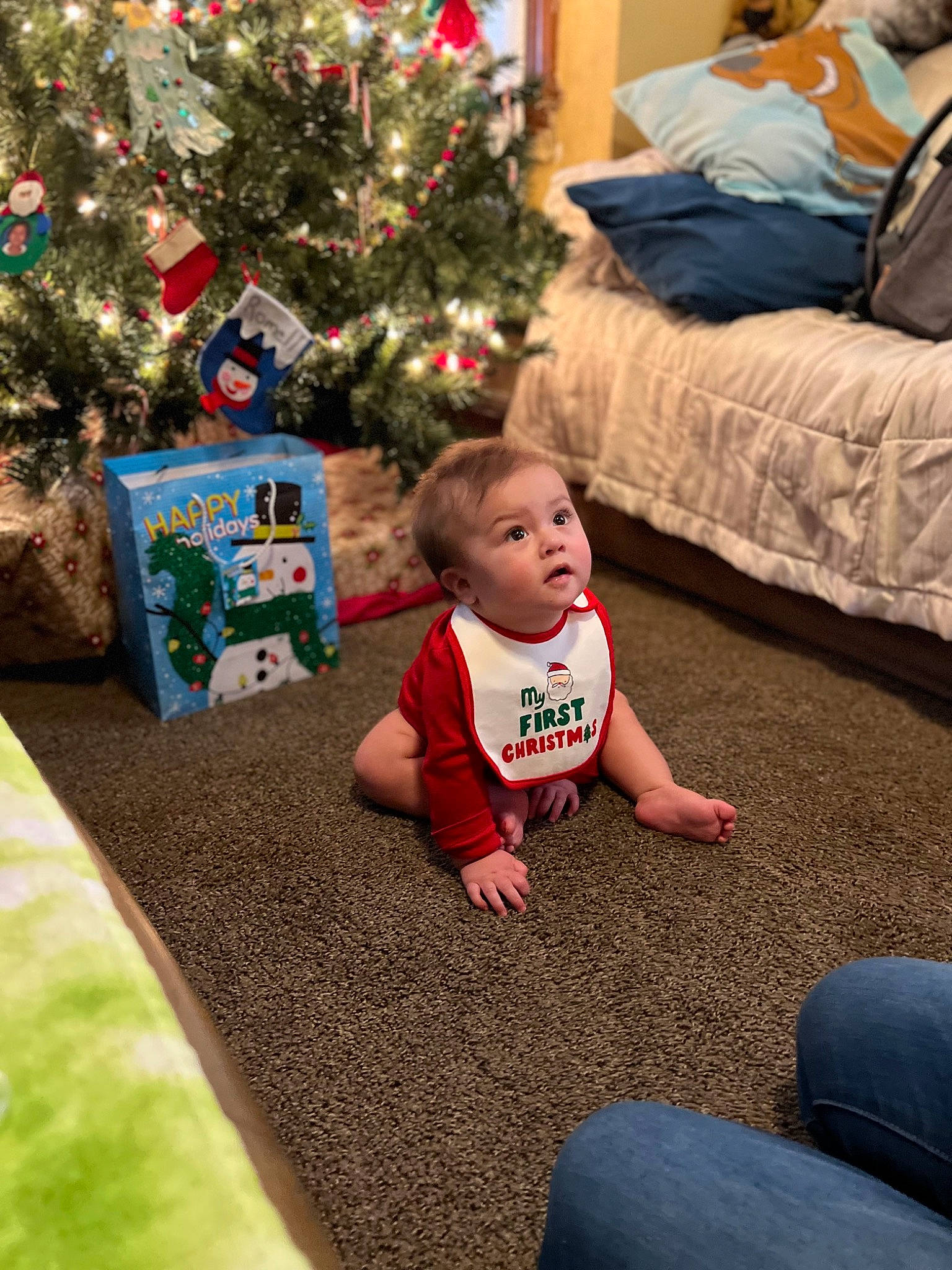 Forrest joined the competition — help win amazing prizes! baby, baby_toddler_clothing, blue, child, christmas_ornament, christmas_tree, comfort, couch, flooring, grass, happy, jeans, lap, living_room, mammal, person, photograph, surprise, toddler, tree
