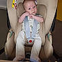 baby, car_seat, infant, child, seatbelt, straps, beige, clothing, indoors, person, sitting, cute, small, young, face, head, safety, transport, car, toddler