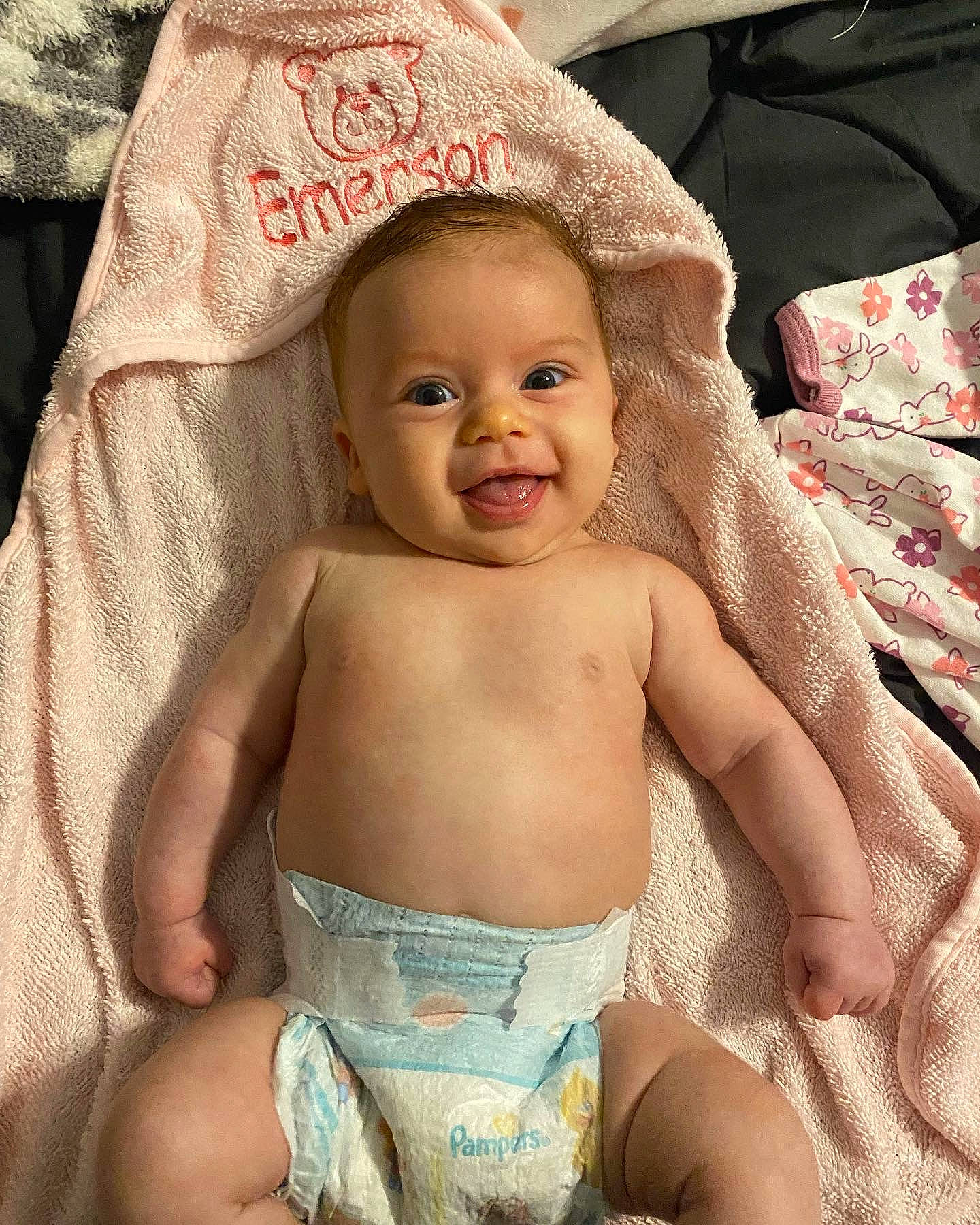 Emerson is registered to the contest to win money with this photo: baby, baby_toddler_clothing, cap, cheek, chest, child, eye, eyebrow, happy, head, headgear, iris, linens, person, pink, skin, smile, stomach, textile, toddler