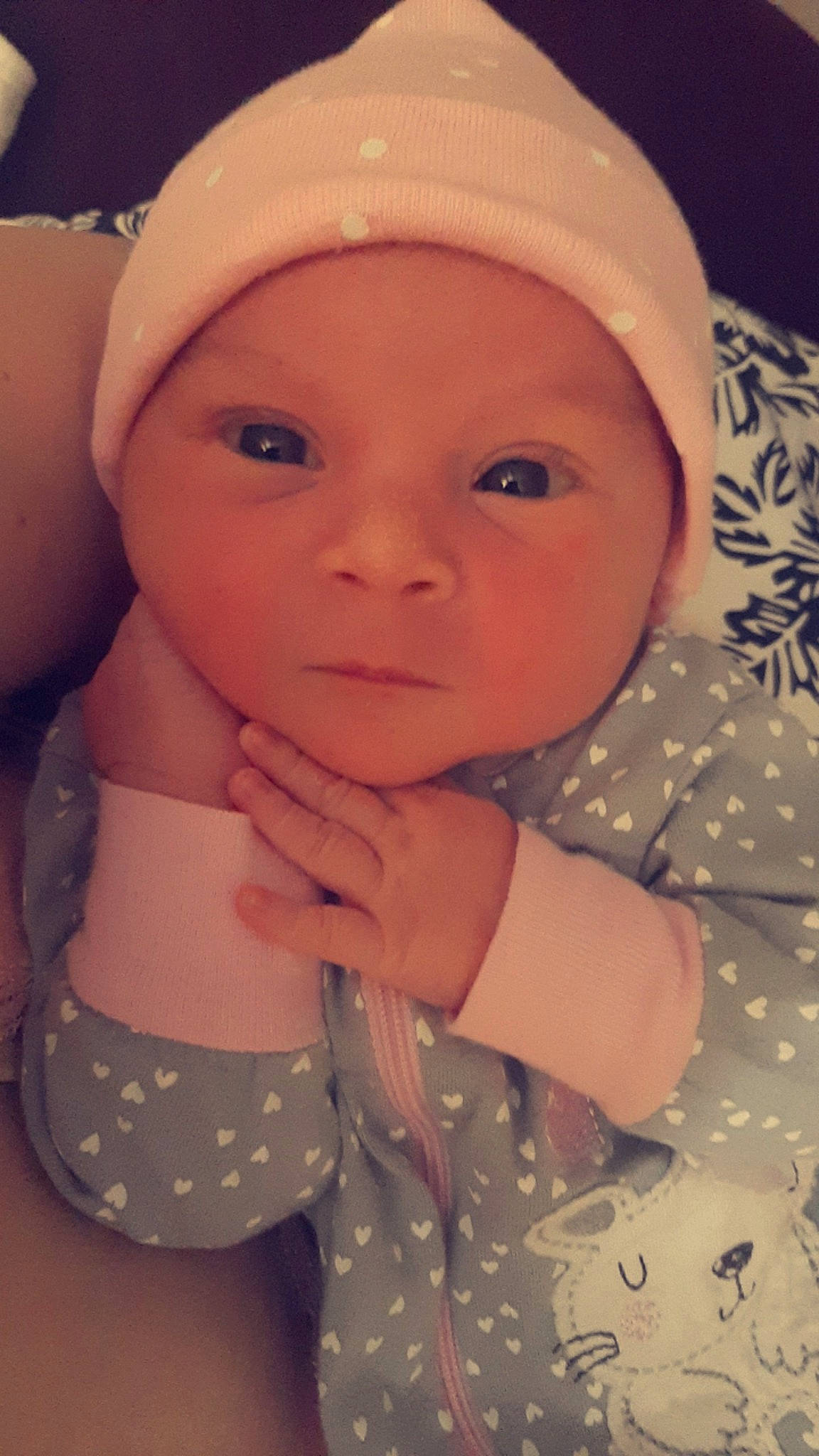 Eliza joined the competition — help win amazing prizes! baby, baby_toddler_clothing, cap, cheek, child, eyebrow, eyelash, face, gesture, happy, headgear, headwear, iris, lip, mouth, nose, person, pink, skin, sleeve