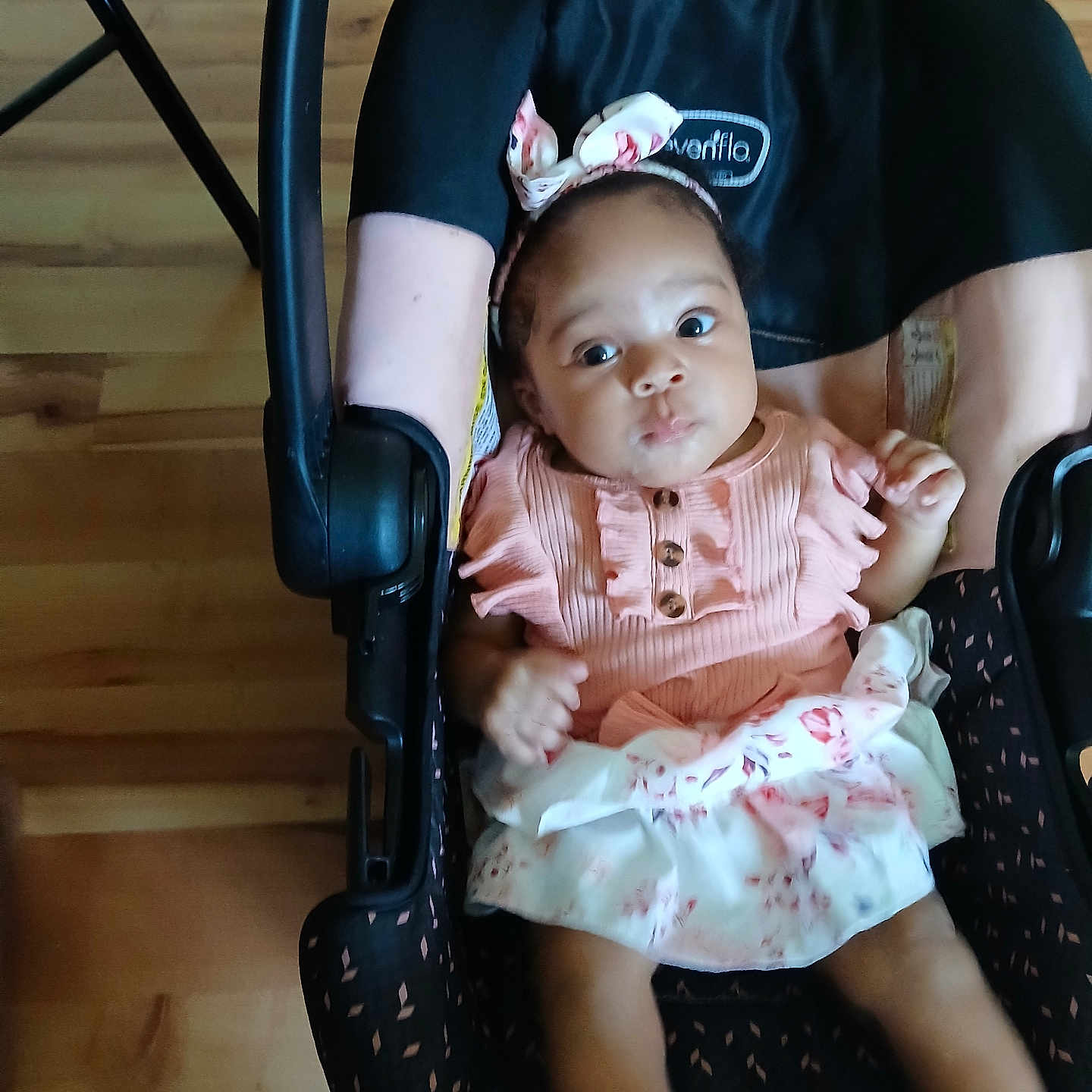 Lilah Perry joined the competition — help win amazing prizes! baby, baby_clothing, baby_girl, car_seat, child, cute, floral_pattern, footwear, hand, headband, indoor, infant, looking, person, pink_dress, portrait, seat, sitting, wooden_floor, young_child