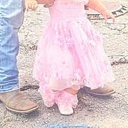 Scarlett is registered to the contest to win money with this photo: child, toddler, pink_dress, floral_headband, boots, jeans, adult_hand, pavement, manhole_cover, outdoor, walking, support, curious, footwear, flower_accessory, casual_clothing, baby_shoes, street, helping_hand, sidewalk