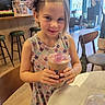 Brooklynn is registered to the contest to win money with this photo: bar, blonde_hair, bow, cafe, chair, child, colorful_clothing, dessert, dress, drink, girl, hair_bow, happy, indoor, portrait, restaurant, sitting, smiling, table, toddler