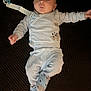 Levi joined the competition — help win amazing prizes! baby, infant, pajamas, striped_clothing, blue, white, pacifier, clip, socks, animal_design, face, expression, lying_down, carpet, indoors, person, child, cute, wide_eyes, footwear