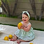 baby, child, lemon, fruit, dress, headband, blanket, outdoor, grass, smile, happy, sitting, cute, playful, summer, garden, nature, person, infant, portrait